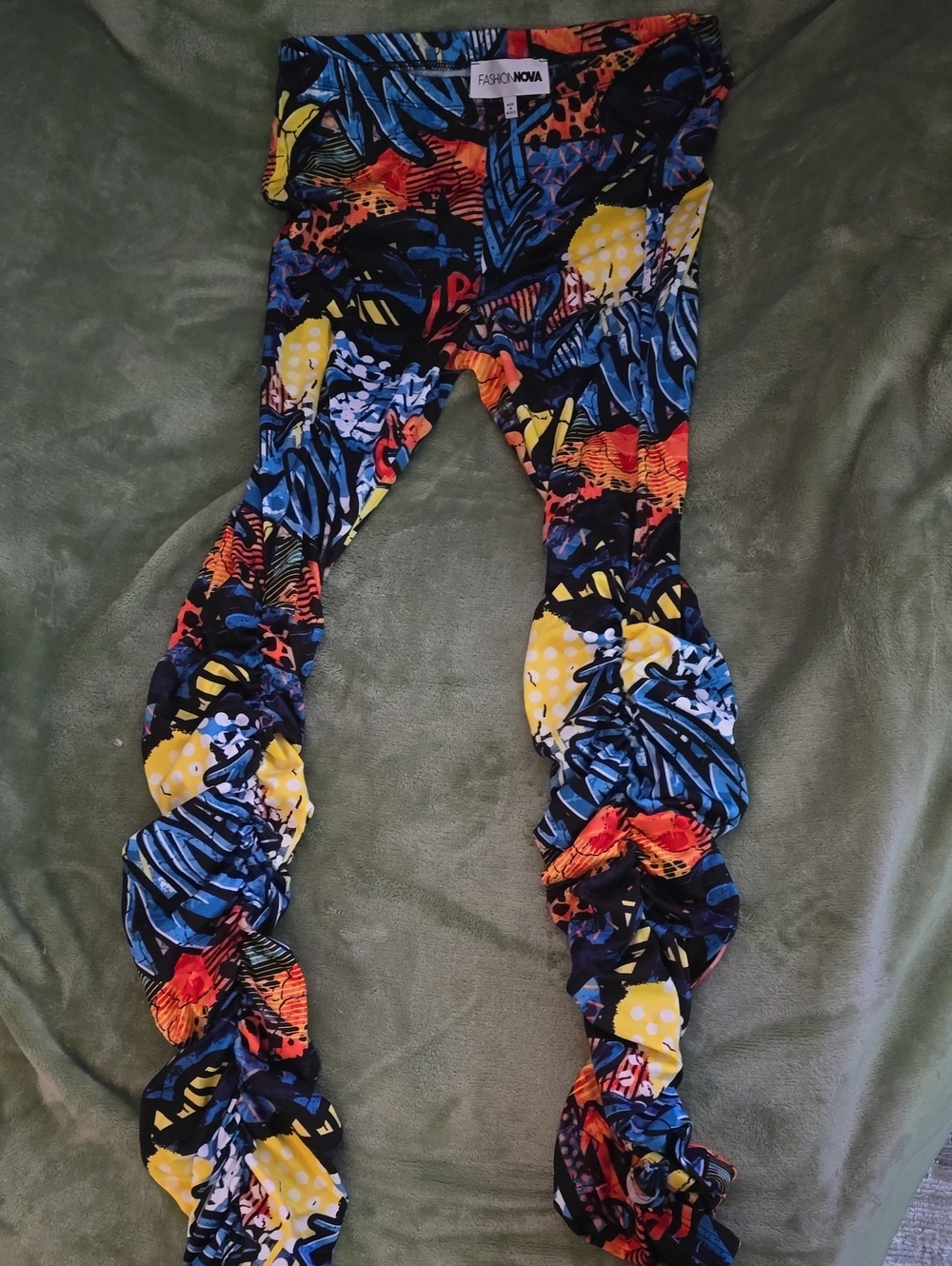 Fashion Nova Blue, Yellow & Orange Tropical Ruched Jeggings